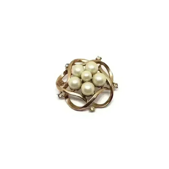 Vintage Brooch 14 Kt Gold Filled Faux Pearl Rhinestone Poss Unsigned Trifari - Picture 2 of 6